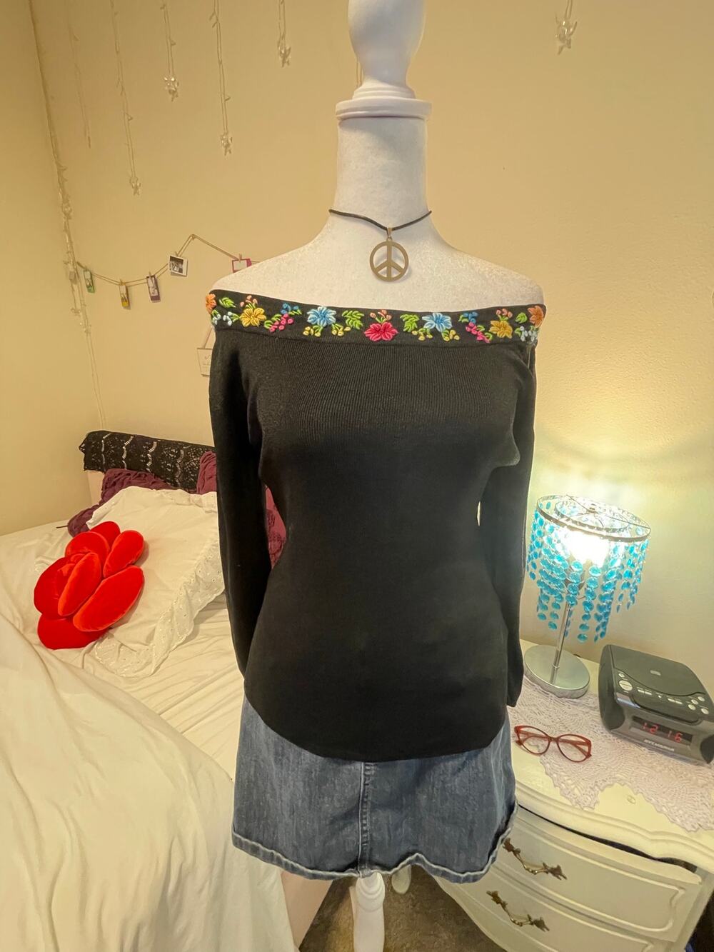 black off the shoulder multicolor flower embroiderey